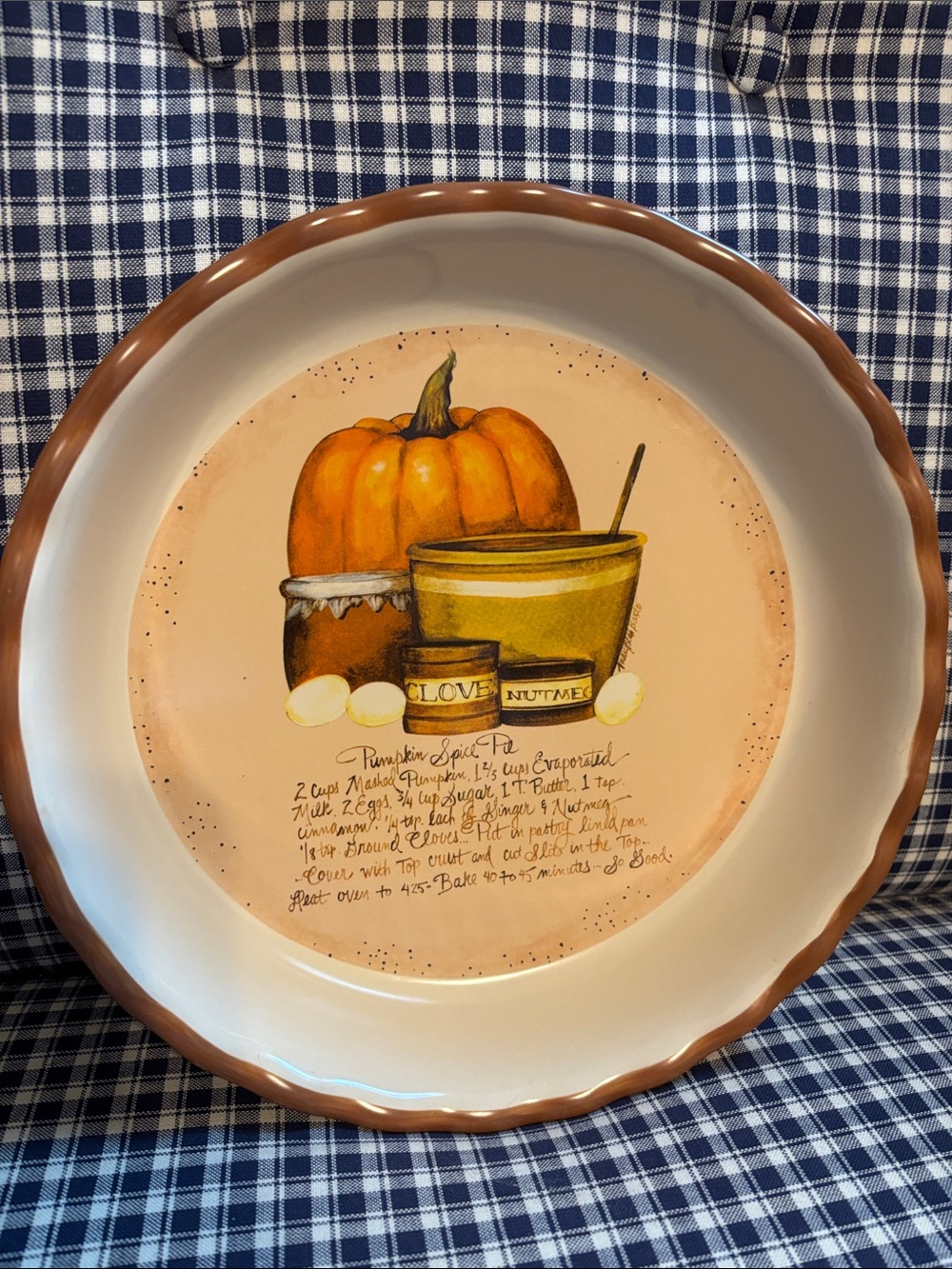 Decorative vintage Pumpkin Spice Pie Plate - Brown & Cream